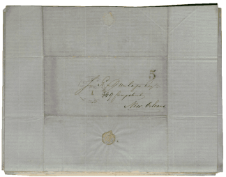Adres van een brief (10 januari 1855) van Berthe uit GaAdres van een brief (10 januari 1855) van Berthe uit Galveston, Texas aan Dunlap in New Orleans, Louisiana (© LaRC, Tulane University)