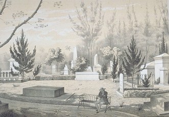 Charles Theodoor Deeleman: Gezigt op de Noordzijde van het kerkhof te Batavia, lithografie, uit: Bataviaasch Album. Verzameling van een tiental gezigten van de hoofdstad van Nederlandsch Indie. Opgedragen aan Zijne Exellentie den Minister van Staat J.J. Rochussen. Batavia: G. Kolff &amp; Co, circa 1859 (op deze begraafplaats te Tanah Abang lag Berthe Hoola van Nooten begraven).