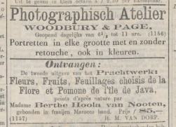 Java Bode 1863, met een advertentie van Woodbury &amp; Page boven een annonce van de tweede druk van Berthes Java-boek (verkoopprijs fl 85,- of ca € 850,-).
